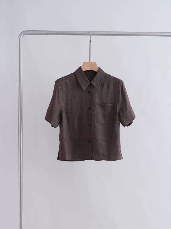シャツ レディース フレンチリネン リネン 麻 半袖 襟付き 無地 カジュアル トップス コーヒー色 S M L XL｜トミーショップ 店 9,471円