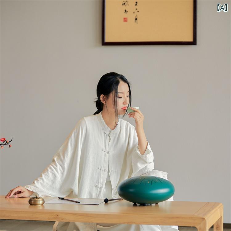 シャツ レディース 亜麻 綿 麻 リネン 砂洗 柔らか 禅 開襟シャツ カーディガン トップス 長袖 無地 ゆったりサイズ フリーサイズ 文芸風 レトロ 素白 墨黒 禅灰