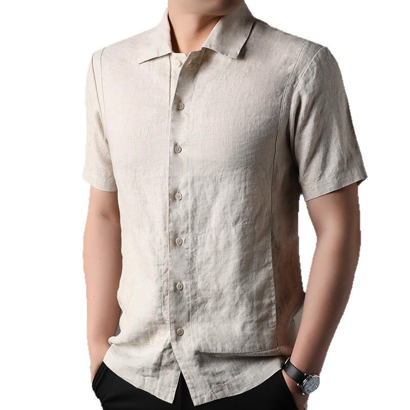 シャツ 男性用 麻 リネン 半袖 トップス 中国風 翻 collar 襟付き 薄手 無地 カジュアル