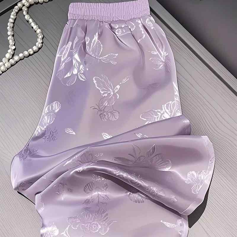 パンツ レディース 高腰 ワイドレッグパンツ サテン ジャカード 紫 パープル リラックス ストレート カジュアル ゆったり 美脚 春(x3)