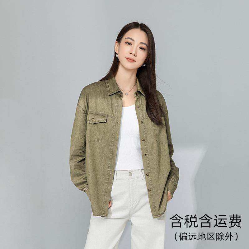 プルオーバー レディース ジーンズプルオーバー 長袖 綿織物 リネン 細工物プルオーバー ミリタリープルオーバー 襟付き添い人 S M L XL XXL 青色 青 緑であること 緑 トップス-シャツ・ブラウス
