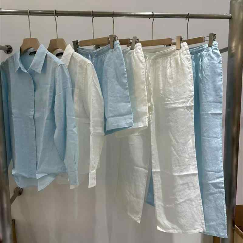 シャツ レディース リネン 長袖 トップス 春夏 薄手 接触冷感 快適 普段使い 部屋着 白 ホワイト系 ブルー系