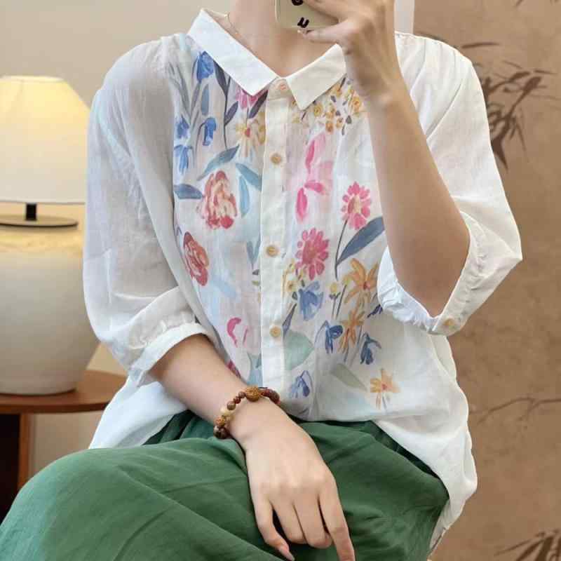 シャツ レディース 春夏 花柄 リネン 七分袖 ブラウス 翻襟 ゆったり トップス 亜麻 中国風 文芸風 レトロ かわいい ピンク系(x3)