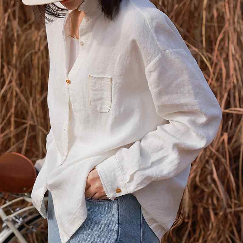 シャツ レディース 春秋 リネン 麻 長袖 白シャツ カジュアル ゆったり 文芸風 レトロ ドロップショルダー 襟付き トップス｜トミーショップ 店