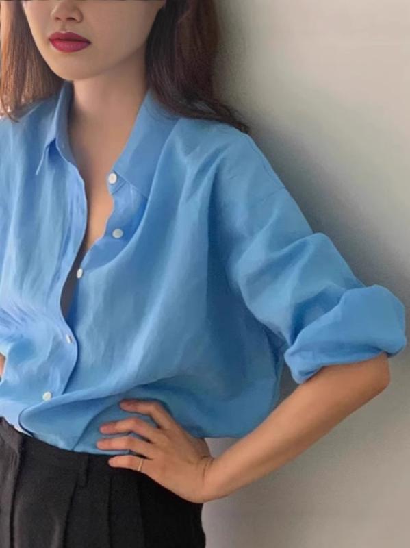 シャツ レディース 春夏 韓国風 リネンシャツ 亜麻 綿麻 長袖 ブラウス 襟付き トップス ゆったり 紫外線対策 ブルー
