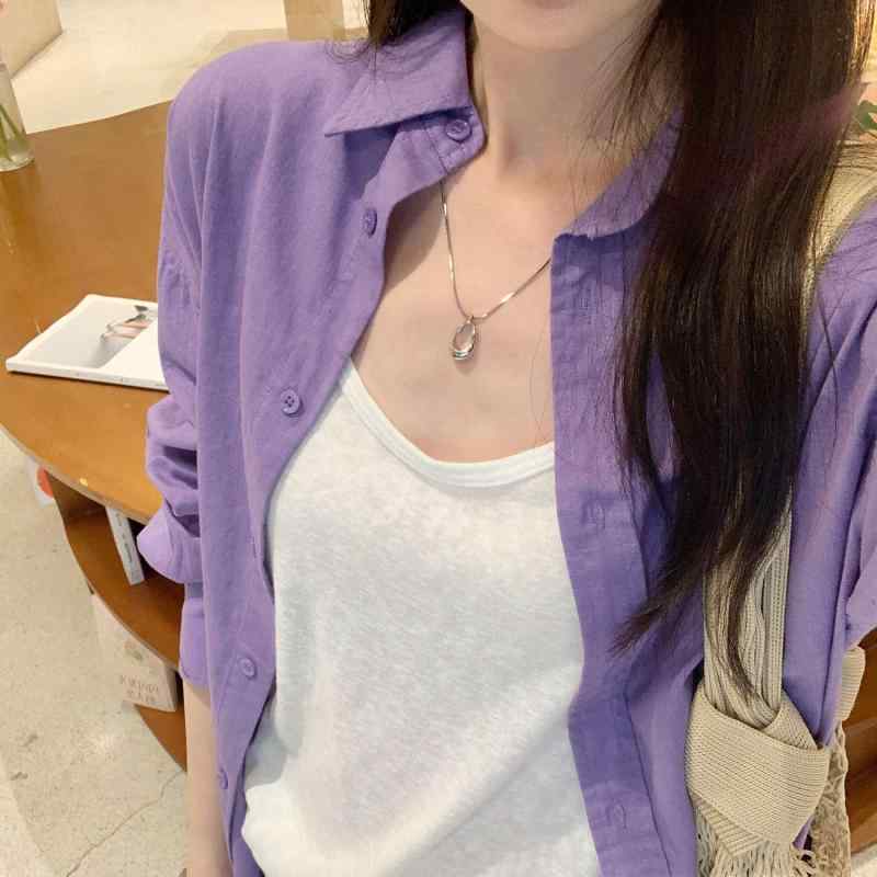 シャツ レディース 麻 リネン 長袖 UVカット 紫外線対策 ゆったり 体型カバー ミドル丈 ポロ襟 トップス 通勤 オフィス カジュアル 春夏 ホワイト パープル イエロー