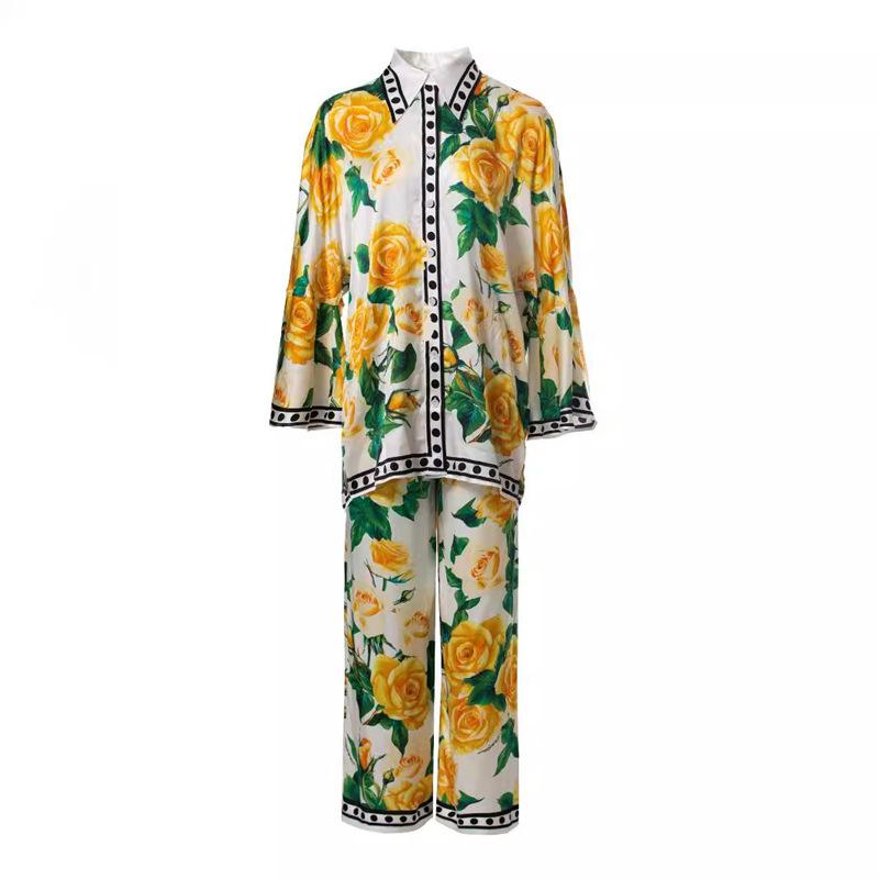 セットアップ レディース シルクタッチ プリント柄 シャツ ＋ ワイドレッグパンツ 7分袖 街頭風 欧美風 個性 S M L XL XXL