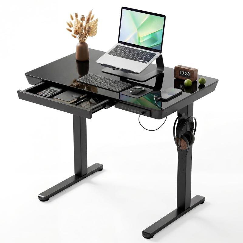 Claiks 電動昇降デスク コンパクト スタンディングデスク ガラス天板 引き出し付き USB-A/Type-C 充電ポート付 高さ調節 メモリー機能 静音モーター パソコンデスク 在宅勤務 学習机 勉強机 PCデ|トミーショップ 店