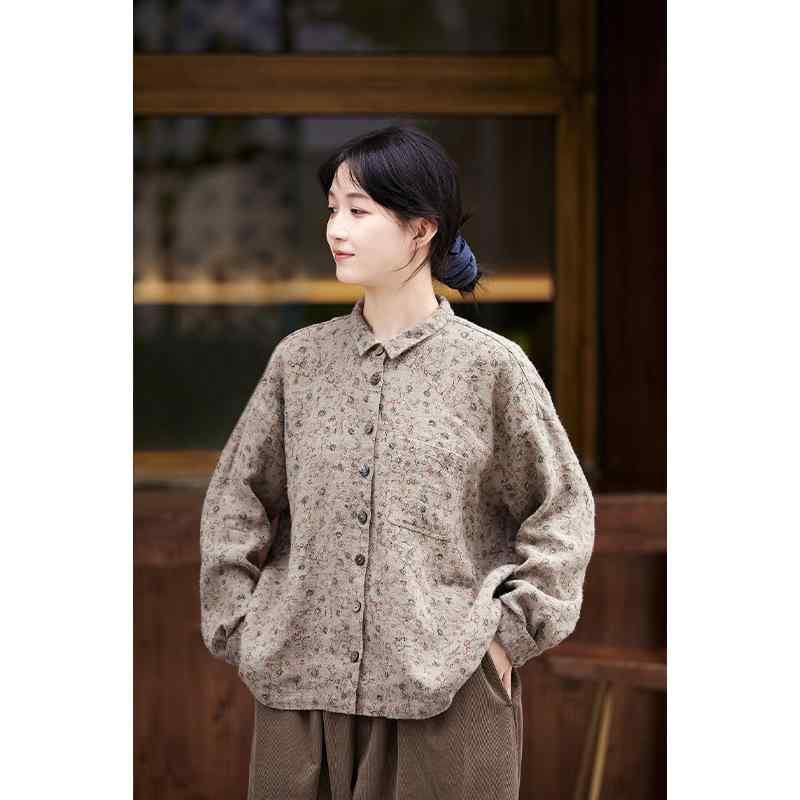 シャツ レディース リネン 麻 花柄 長袖 襟付き ゆったり 文芸風 レトロ 秋色 ドロップショルダー