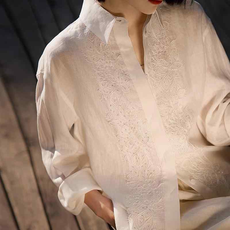 シャツ レディース 高級感 白色 亜麻 リネン トップス ブラウス 通勤 長袖 刺・墸 秋物 S M L XL 10,607円