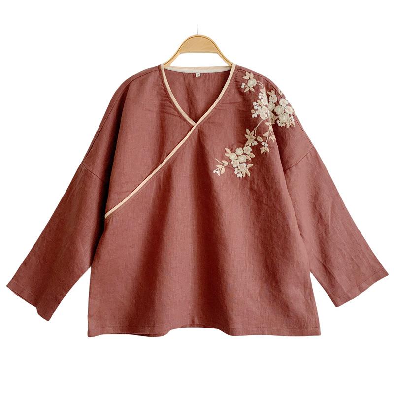 シャツ レディース 麻 リネン 長袖 刺繍 チュニック Vネック プルオーバー ゆったり 文芸風 トップス 墨藍色 ??色 7,035円
