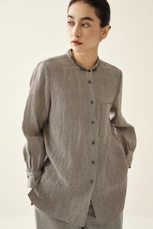 シャツ レディース リネン 手作業ビーズ ストライプ 長袖 トップス 灰青色 M L XL 文芸風 レトロ|トミーショップ 店