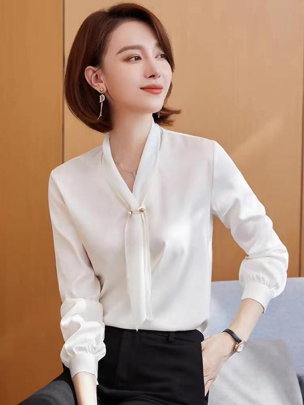 シャツ レディース ブラウス 長袖 オフィス フォーマル 大きいサイズ トップス 事務服 ポリエステル サテン 白 青 紫 蝶結び