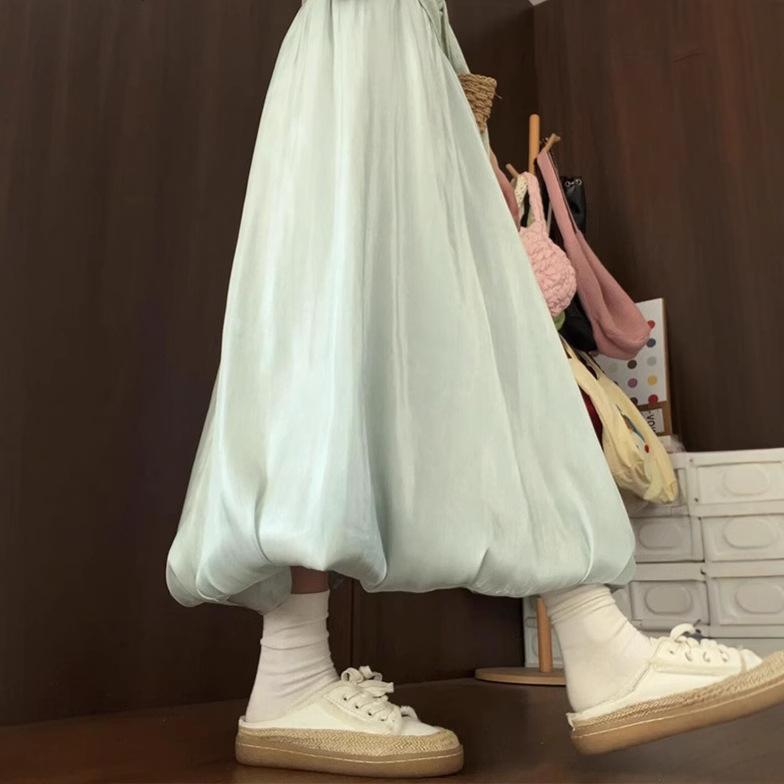 スカート レディース 春夏 Aラインスカート ロング丈 チュールスカート ふんわり おしゃれ かわいい ミモレ丈 無地 薄手 裏地付き ウエストゴム 伸縮性 プリーツスカート