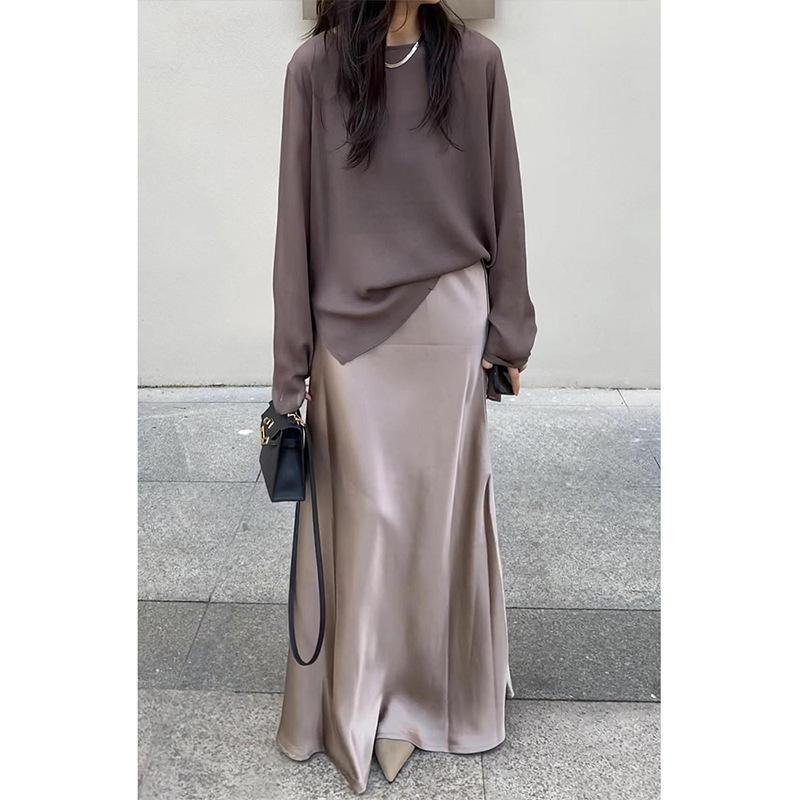 スカート レディース サテン ロング 高腰 スリット タイトスカート 美脚 パープル ピンク系 シフォン ポリエステル 通勤 オフィス エレガント 上品