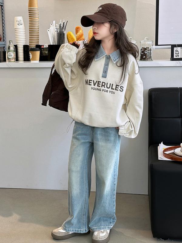 女児 トップス メンズ 女の子 春夏 綿 柔らかい 長袖 プルオーバー 牛仔 襟 セット 上下 かわいい 普段使い 伸縮性 通学 120cm 130cm 140cm 150cm 160cm 170cm 単色 普通厚