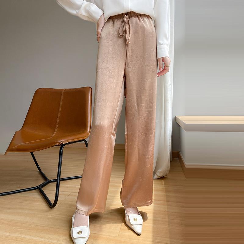 パンツ レディース 春夏 シルク サテン ワイドレッグパンツ 薄手 涼しい ストレートパンツ ロングパンツ ポリエステル ピンク ブラック 黒 カーキ レッド ベージュ グレー ブラウン シャンパン M L XL XXL 通勤
