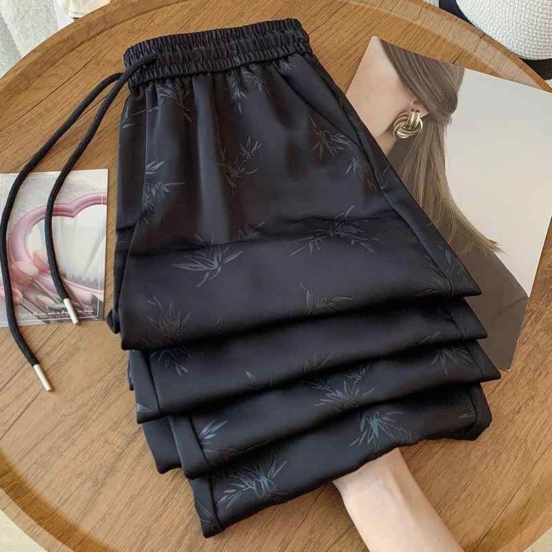 パンツ レディース 大きいサイズ 新しい中国スタイル サテン ジャカード ワイドレッグパンツ 夏 薄手 ハイウエスト ゆったり ストレートパンツ ブラック オフホワイト M L XL 2XL 3XL 4XL 伸縮性 快適 普段使い