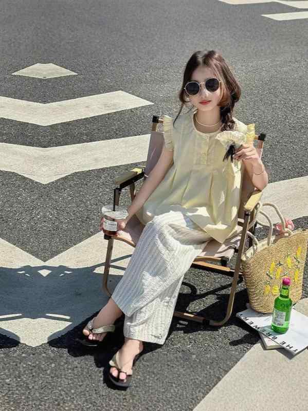 キッズ 女の子 セットアップ 半袖トップス 9分丈パンツ 2点セット 薄手 夏物 普段着 発表会 お出かけ着 ガールズ ジュニア 100 110 120 130 140 150 160 170cm イエロー系
