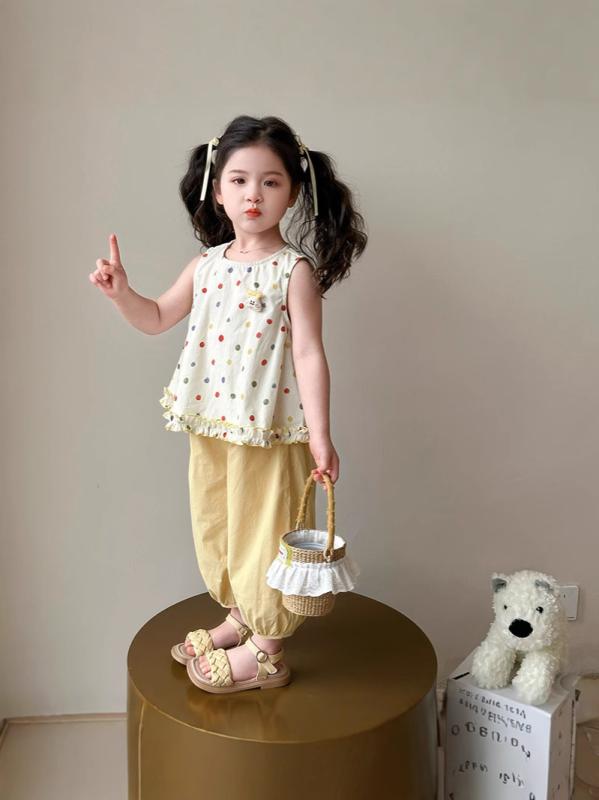 キッズ ガールズ 夏服 上下セット ノースリーブ パンツ 薄手 かわいい アニマルプリント イエロー系 普段着 部屋着