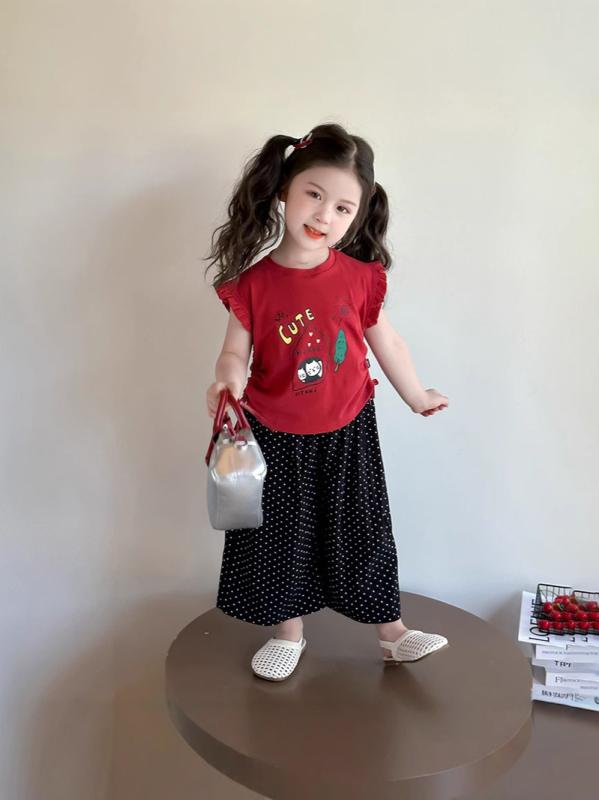 キッズ セットアップ 夏服 上下セット 半袖 Tシャツ パンツ かわいい アニメ風 コットン 子供服 女の子 普段着 部屋着 レッド系