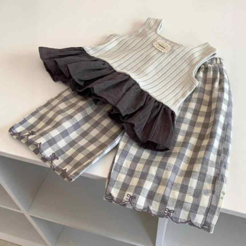 キッズ 女の子 夏 セットアップ 花柄 レース タンク トップ チェック パンツ 子供服 かわいい 普段着 部屋着 綿