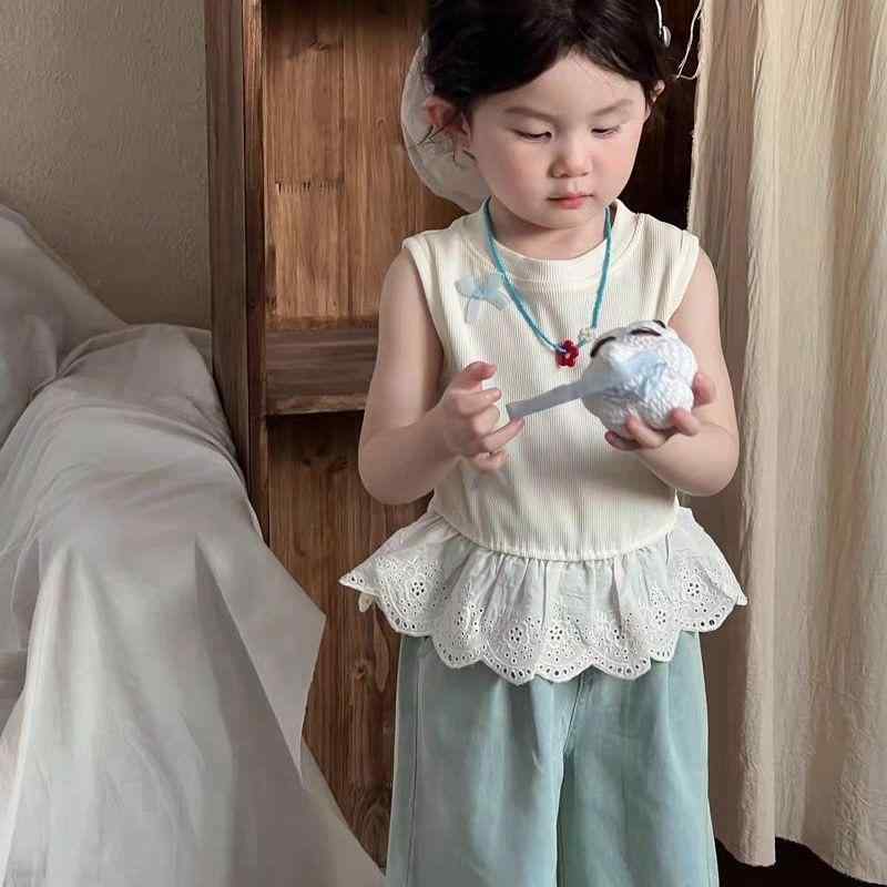 子供服 女の子 夏物 セットアップ ノースリーブ トップス デニムパンツ 2点 上下セット 幼児 小学生 かわいい 杏色 無地 薄手