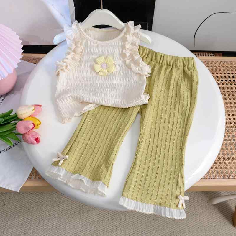 子供服 セットアップ 女の子 森ガール 花柄 ノースリーブ トップス パンツ 上下 2点 春夏 綿 80 90 100 110 120 130 白 緑(x3)