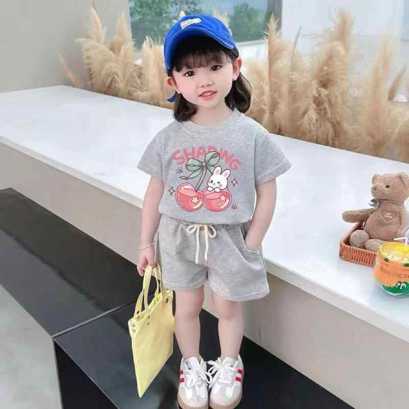 子供服 セットアップ 女の子 半袖 夏 上下セット かわいい トップス パンツ 綿 ベビー 幼児 小学生 おしゃれ ガールズ ツーピース 普段着 部屋着 グレー ピンク系