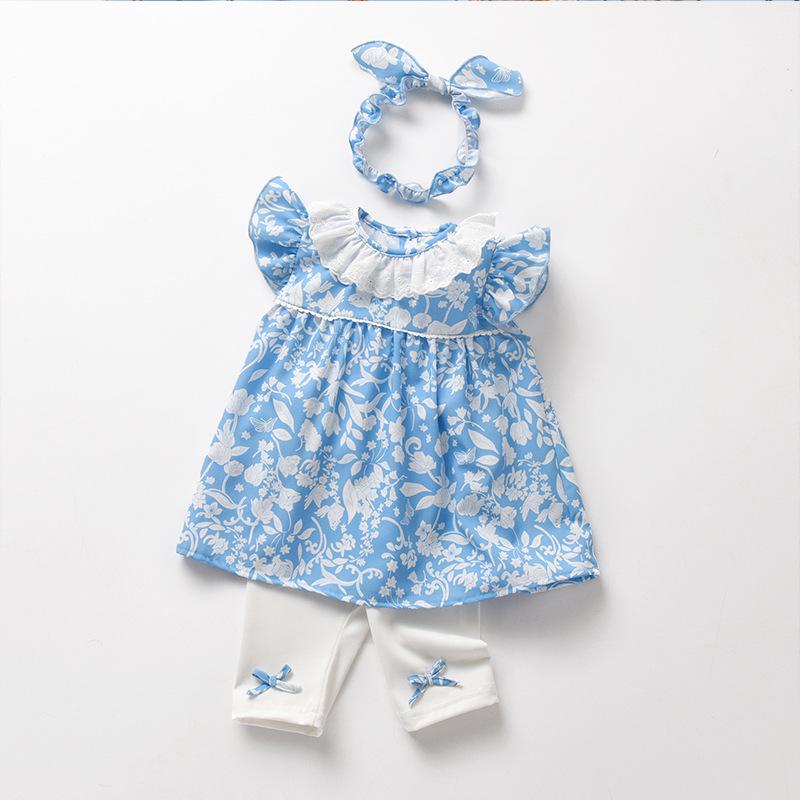 ワンピース ベビー服 女の子 夏物 3点セット ノースリーブ スカート ヘアバンド 花柄 かわいい 普段使い お出かけ 赤ちゃん 幼児 66cm 73cm 80cm 90cm 100cm(x5)