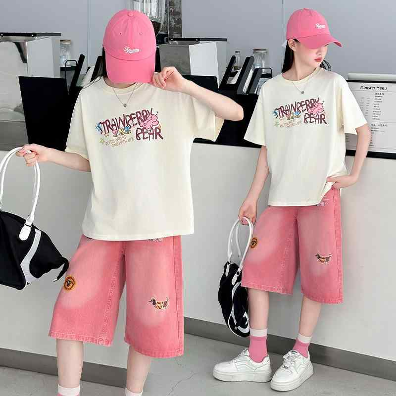 子供服 女の子 夏物 半袖トップス デニムハーフパンツ 上下セット 薄手 普段着 通学着 ピンク系 刺繍