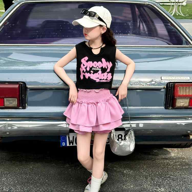 キッズ 女の子 セットアップ ノースリーブ トップス ショート丈スカート 上下2点セット 薄手 夏服 普段着 おしゃれ かわいい ガールズ リゾート