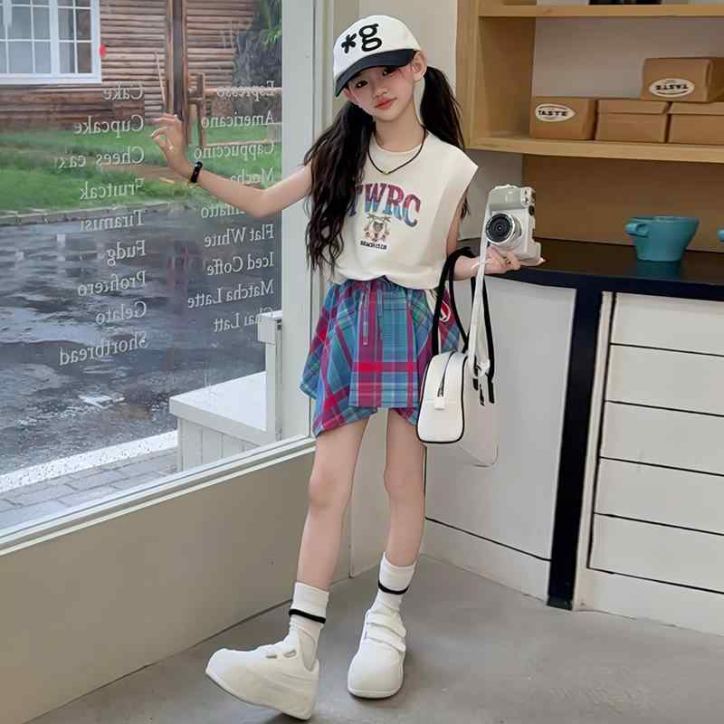 子供服 女の子 Tシャツ スカート セットアップ 夏服 半袖トップス チェック柄スカート 上下セット 2点 かわいい ガールズ カジュアル 普段着 部屋着 アウトドア