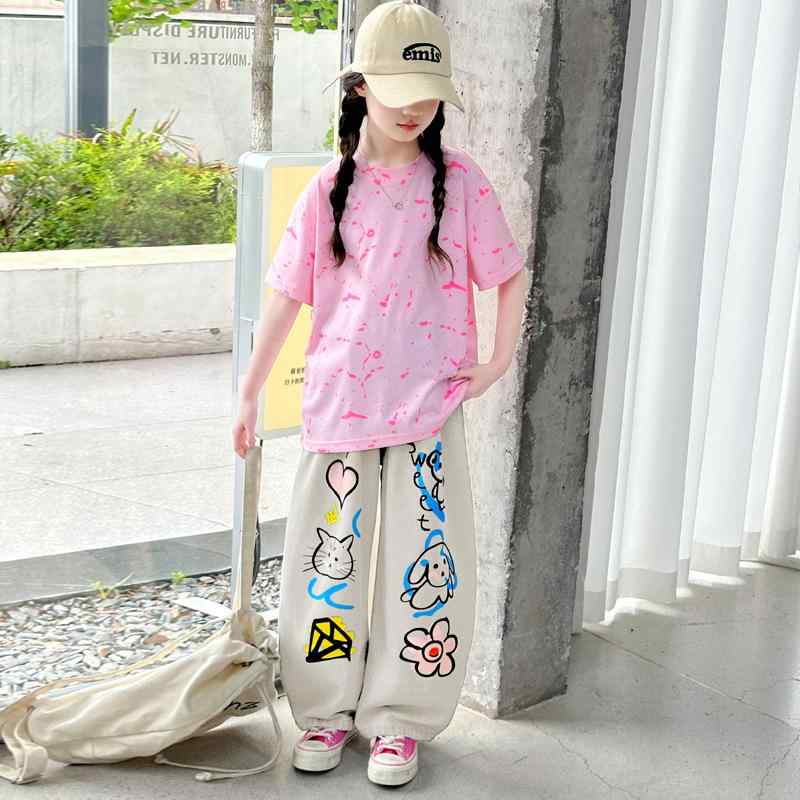 子供服 セットアップ 夏 女の子 半袖Tシャツ デニムパンツ 上下 2点セット かわいい 薄手 通学 普段使い ガールズ ブラック ピンク系
