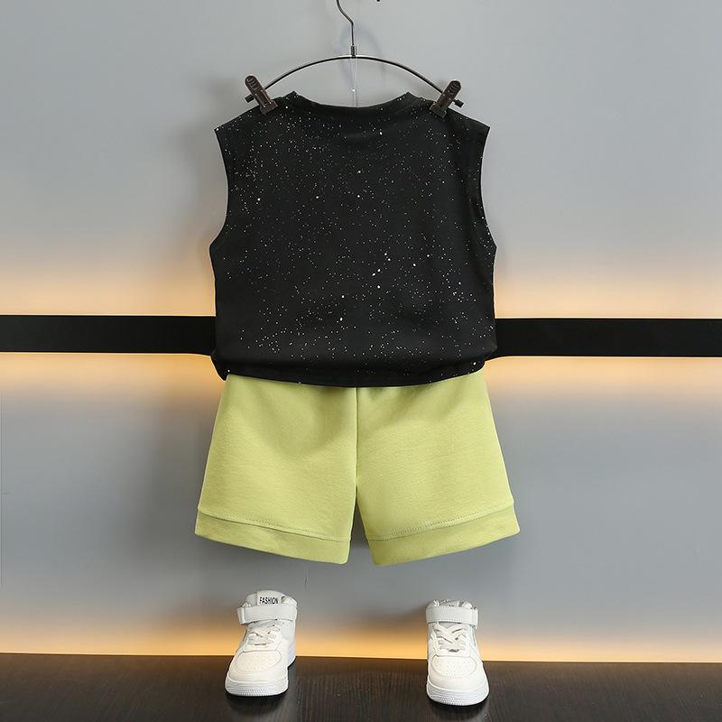 キッズ 男の子用 タンクトップ ショートパンツ セットアップ 薄手 子供服 上下セット 綿90% カジュアル カートゥーン プリント ピンク グリーン