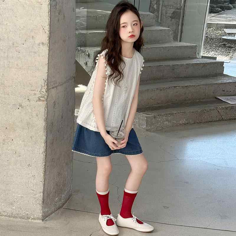 子供服 女の子 夏服 セットアップ フレンチスリーブ トップス デニム ショートパンツ 薄手 かわいい ガールズ 上下 2点セット