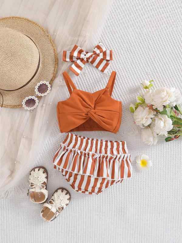 ベビー服 女の子 上下セット ノースリーブ トップス ストライプ ショートパンツ 綿 1歳 2歳 かわいい チョコレート色 春夏(x5)