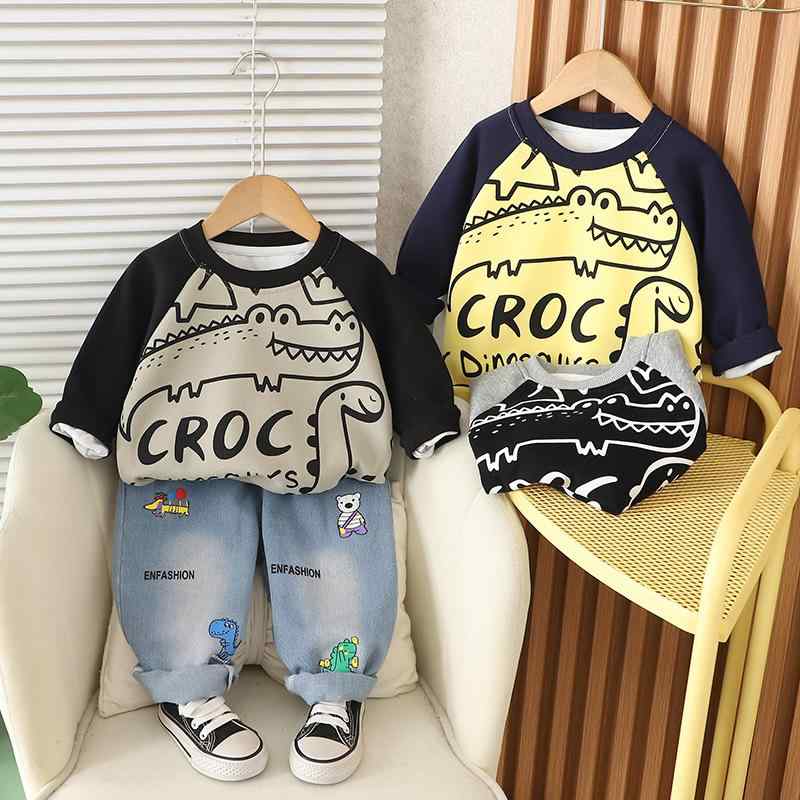 キッズ ボーイズ 春秋 セットアップ 恐竜 ワニ イラスト 長袖 トップス ロングパンツ 上下 2点 セット かわいい おしゃれ 普段着 部屋着 グレー イエロー ブラック 綿