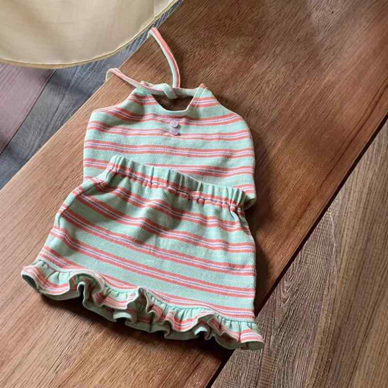 子供服 女の子用 セットアップ 夏物 ストライプ柄 ホルターネック ノースリーブ トップス スカート 上下 2点 セット