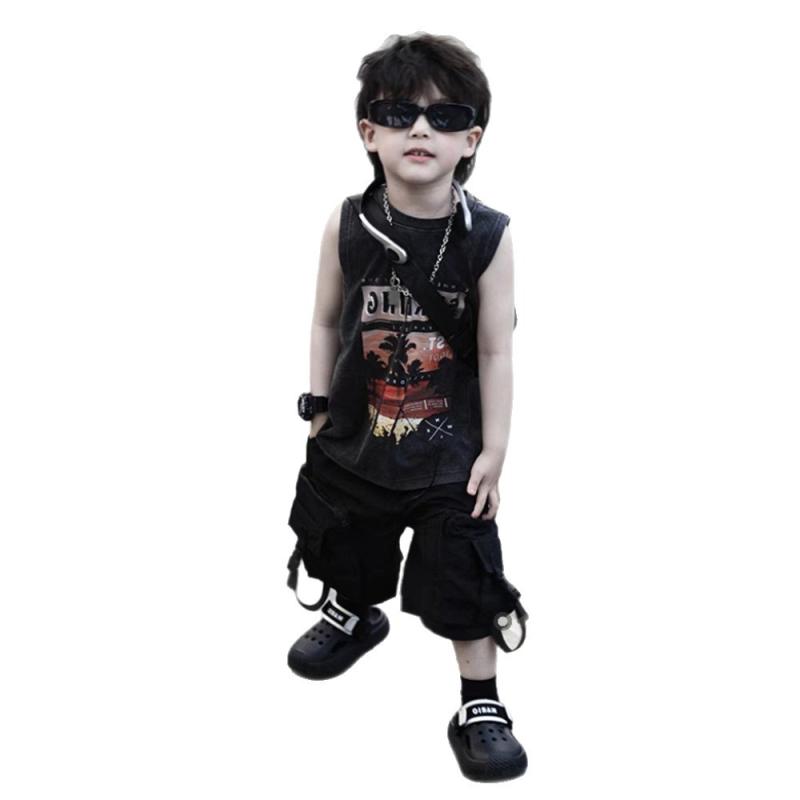 キッズ 男の子 夏用 セットアップ 子供服 黒 タンクトップ クール パンツ 上下 2点 セット 綿100% 薄手 スポーツ 普段着