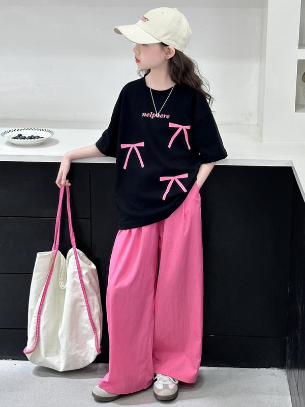 子供服 女の子 夏物 半袖 ワイドレッグパンツ 2点セット カジュアル ウェア 8歳以上 140cm以上 綿100 運動着 普段使い 部屋着 ピンク系 ブルー系