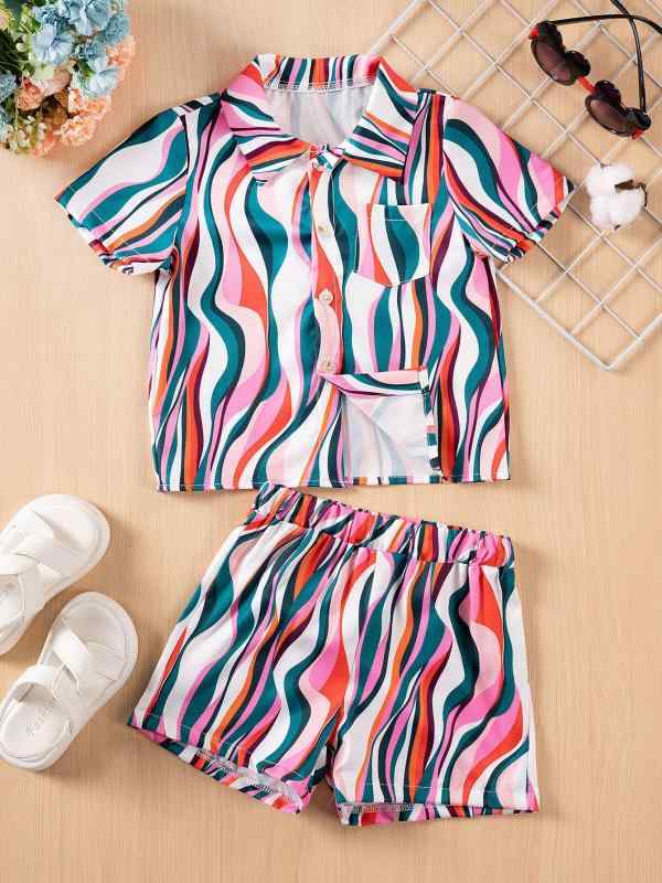子供用セットアップ シャツ 半袖トップス ショートパンツ 欧美風 薄手 ストライプ柄 粉緑色 1歳 2歳 3歳 4歳 5歳 6歳