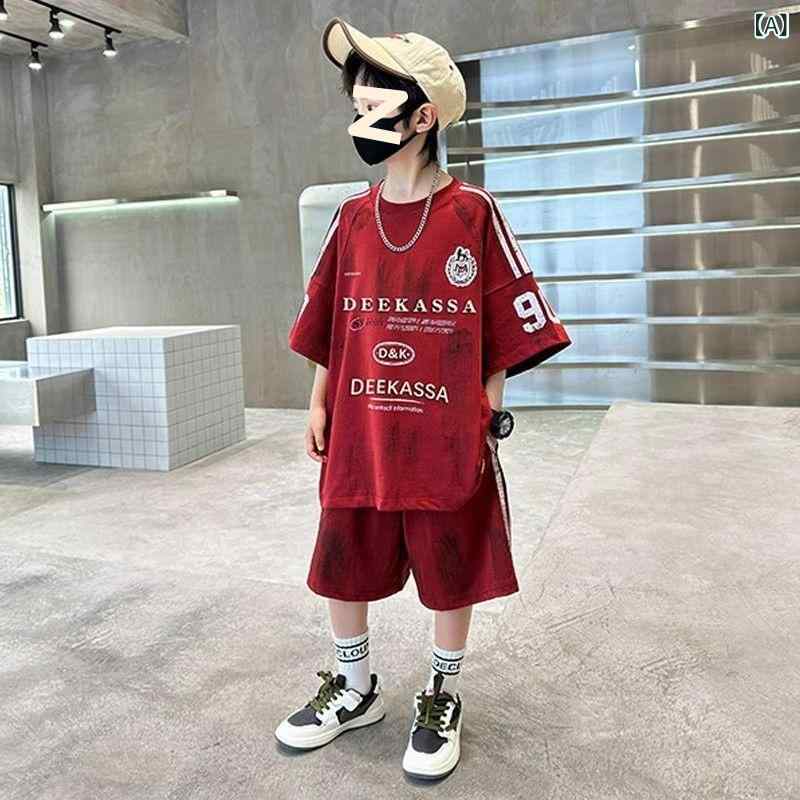 キッズ ダンスウェア ヒップホップ ストリート 上下セット 男の子 Tシャツ ハーフパンツ ボーイズ ウェア 子供服 セットアップ 薄手 夏 ブラック レッド