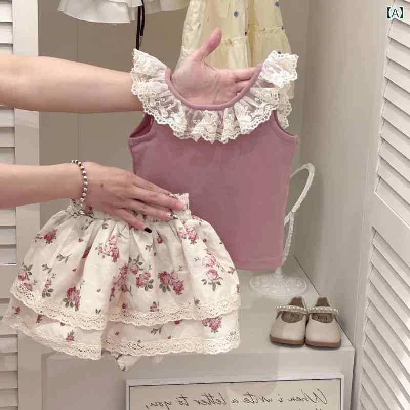 キッズ 女の子 セットアップ 夏 レース 花柄 キャミソール ショートパンツ 上下セット 薄手 かわいい 幼児 普段着 ベビー 80 90 100 110 120 130