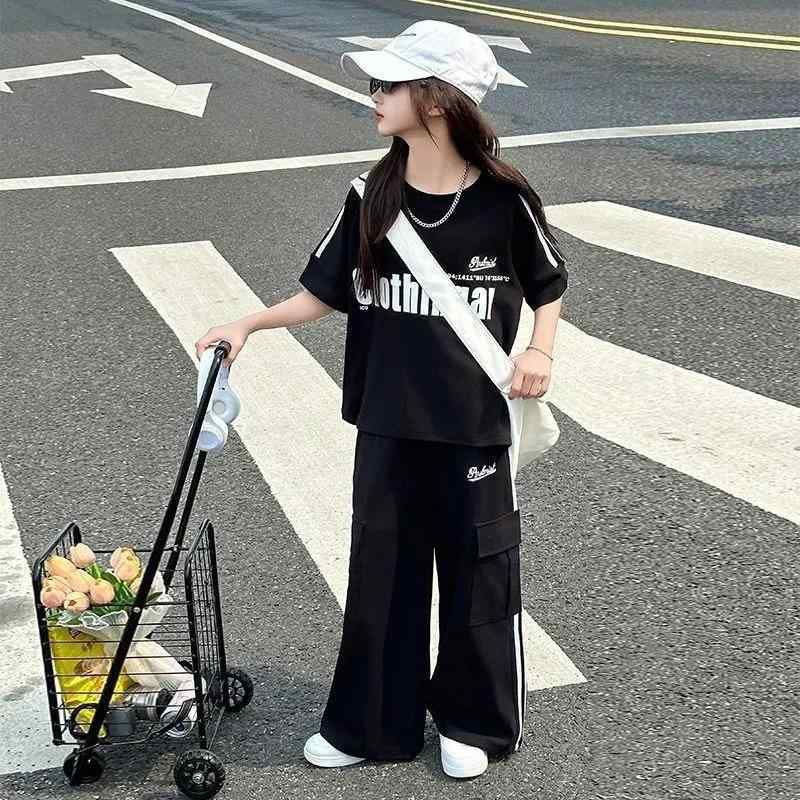 キッズ ガールズ パンツ セットアップ 夏服 子供服 スポーツウェア 上下セット 2点セット 半袖 長ズボン 薄手 通気性 快適 運動着 普段着 グレー ブラック 綿混紡