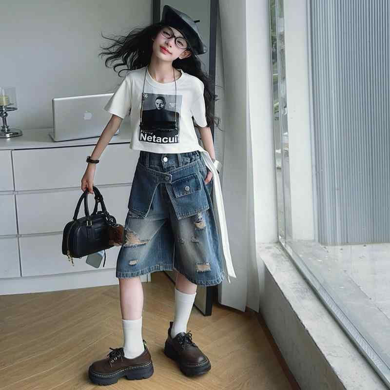 キッズ Tシャツ デニムパンツ セットアップ 春夏 子供服 女の子 半袖 トップス ハーフパンツ 薄手 2点セット かわいい おしゃれ ガールズ ジュニア 普段着 通学着