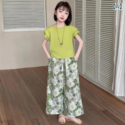 子供服 女の子 2点セット 夏物 半袖 短パン ワイドレッグパンツ エスニック 染め ミドルキッズ ポリエステル