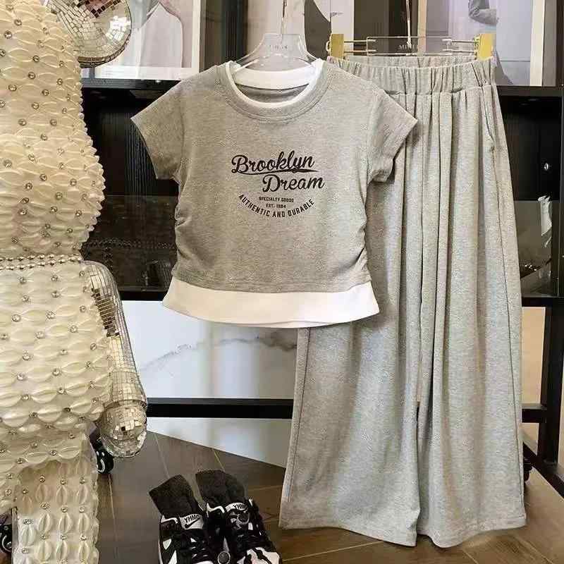キッズ ガールズ パンツ セットアップ 夏服 半袖 長ズボン 上下セット 子供服 女の子 薄手 2点セット 普段着 ルームウェア グレー