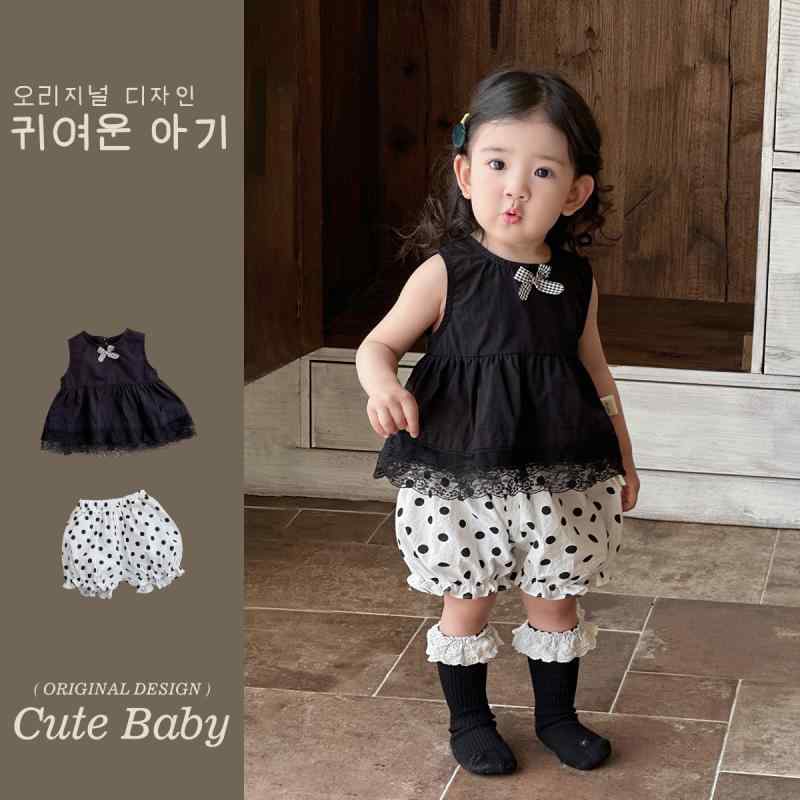 キッズ 女の子 セットアップ ブラック ノースリーブ トップス ショートパンツ レース フリル かわいい 夏物 ベビー服 上下セット 綿 柔らかい