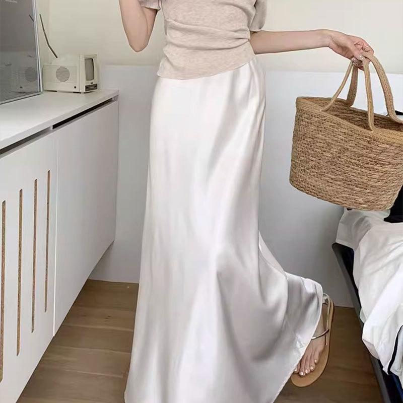 スカート レディース 魚尾スカート 接触冷感 サテン ロングスカート Aライン 美脚 春夏 シャンパン色 ブラック